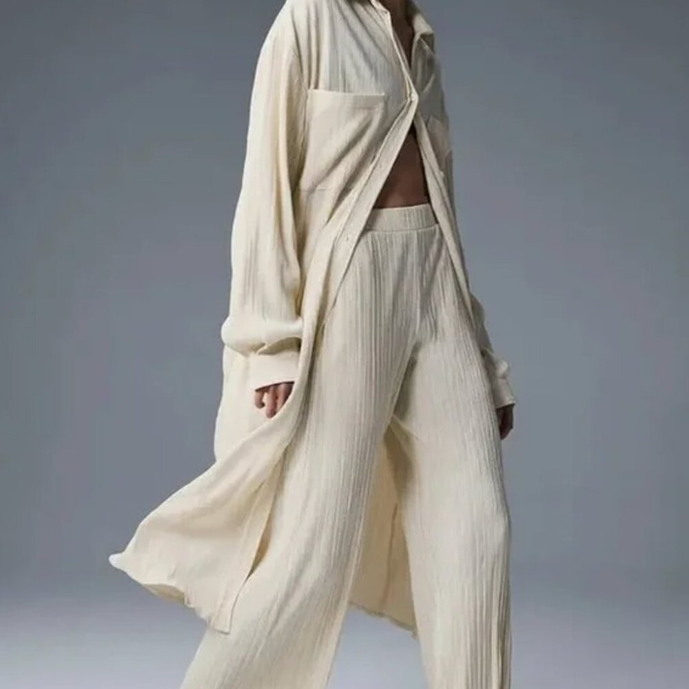 ALO Micro Plisse Shirt Dress - Oat Milk SIZE M NWOT